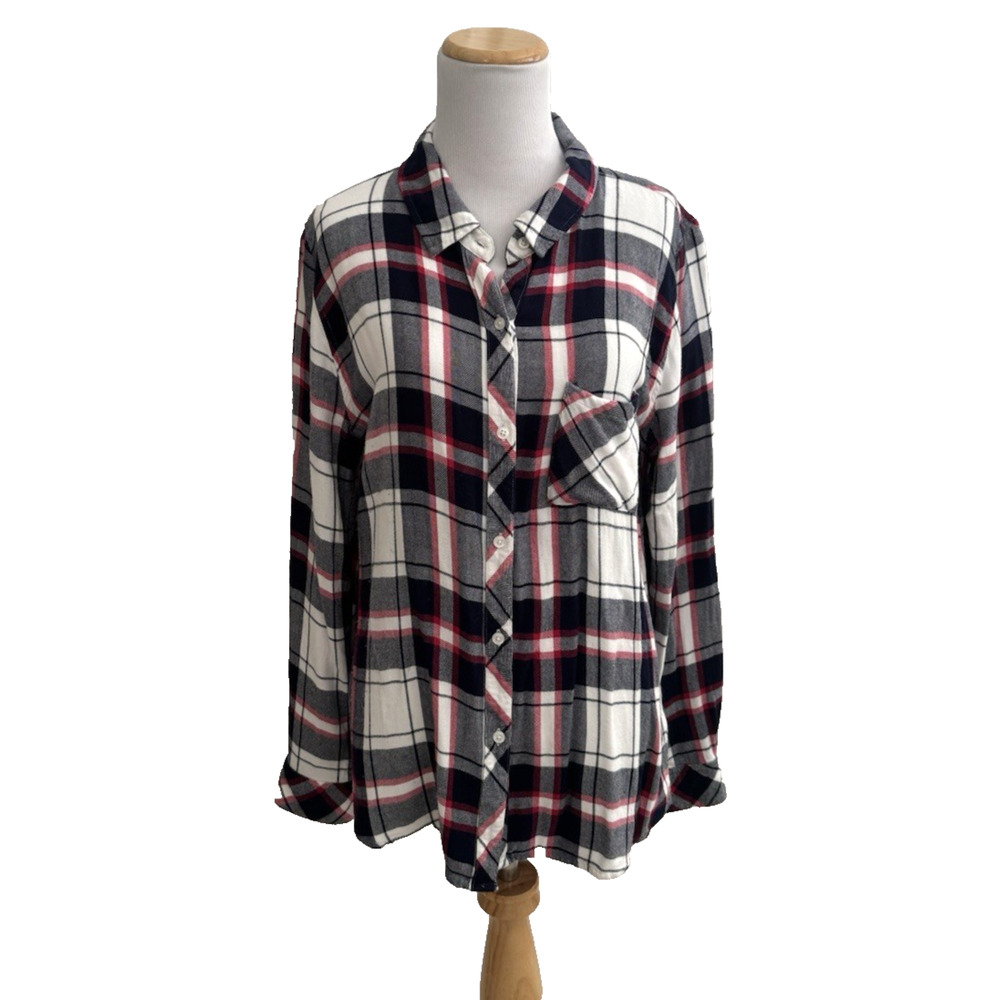 Rails Hunter Plaid Button-Up Shirt L White Red Blue Cotton Flannel Patriot Top
